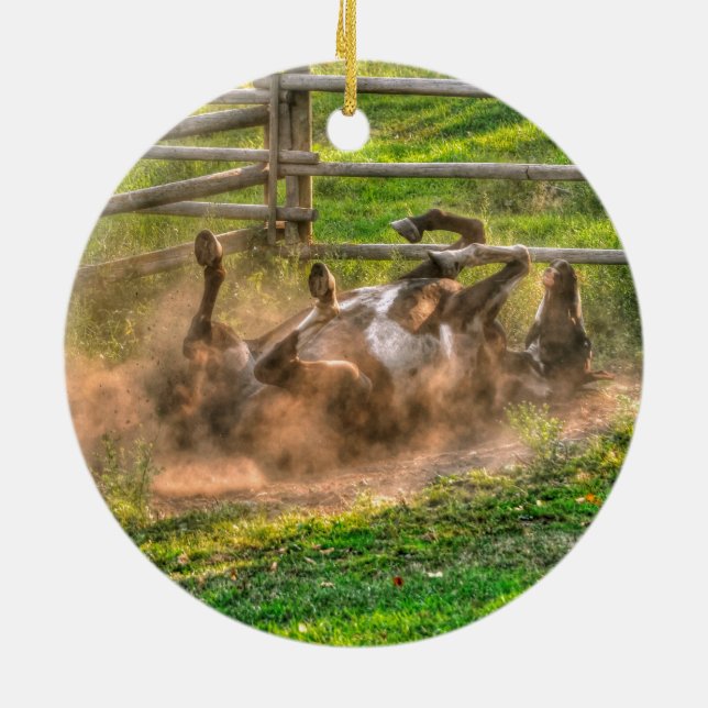 Paint Horse Rolling in Dust Funny Equine Photo Ceramic Ornament (Back)