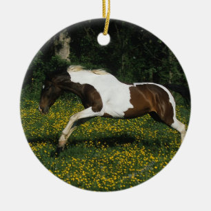 Paint Horse Running in Field of Flowers Ceramic Tree Decoration