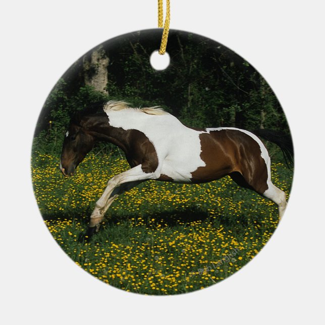 Paint Horse Running in Field of Flowers Ceramic Tree Decoration (Front)