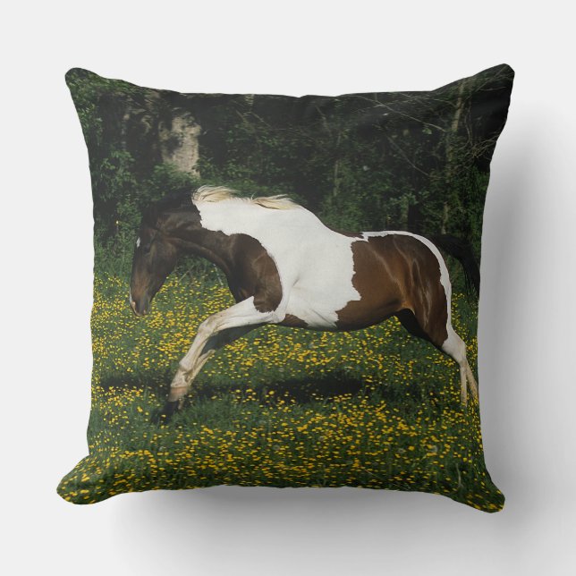 Paint Horse Running in Field of Flowers Cushion (Front)