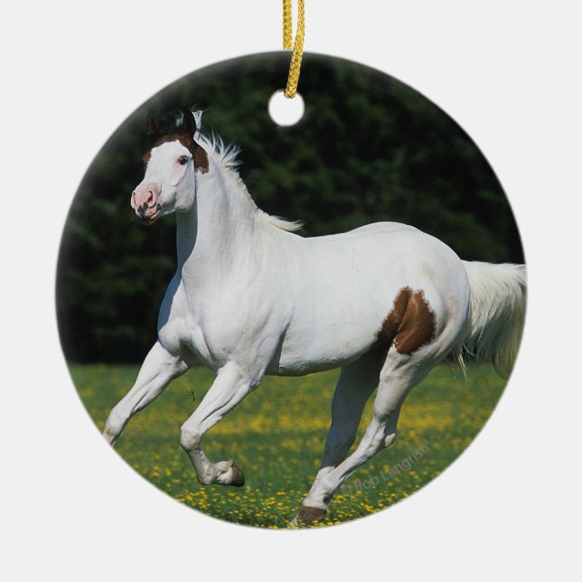 Paint Horse Running in Grassy Field Ceramic Ornament (Front)