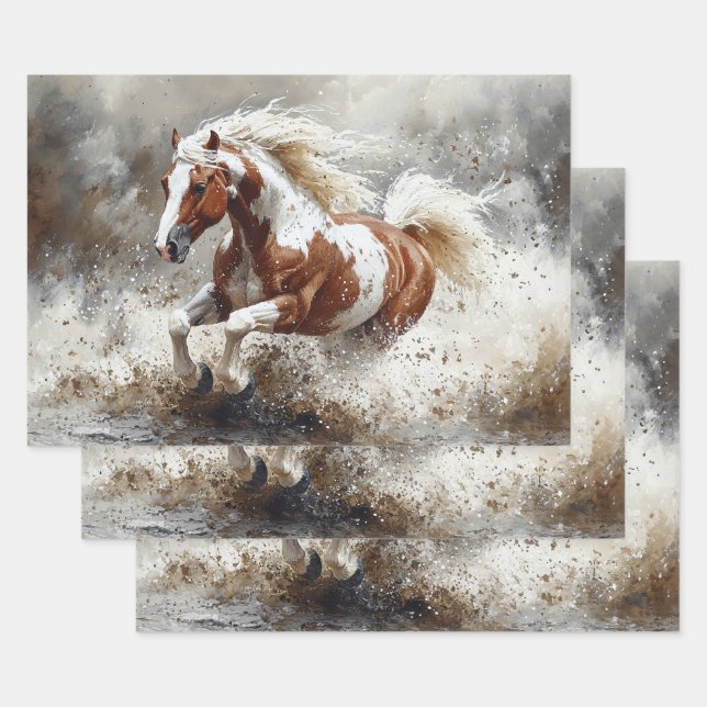 Paint Horse Running Through Water Decoupage Wrapping Paper Sheet (Set)