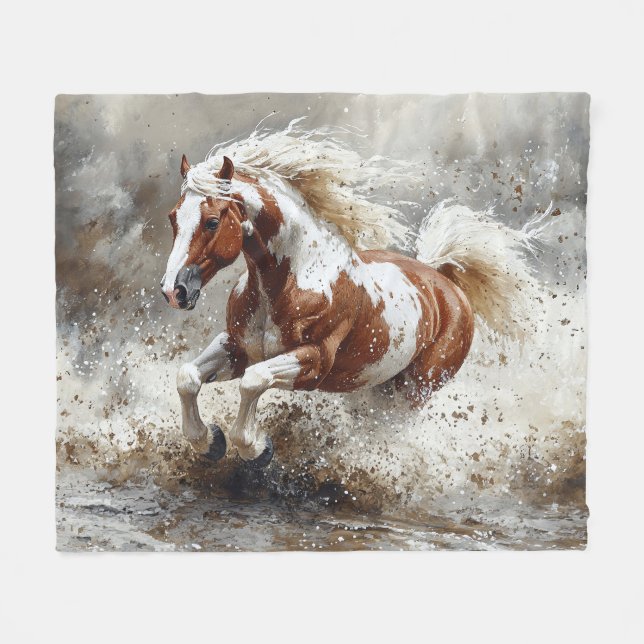 Paint Horse Running Through Water Fleece Blanket (Front (Horizontal))