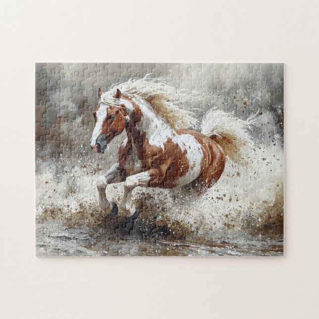 Paint Horse Running Through Water Jigsaw Puzzle (Horizontal)