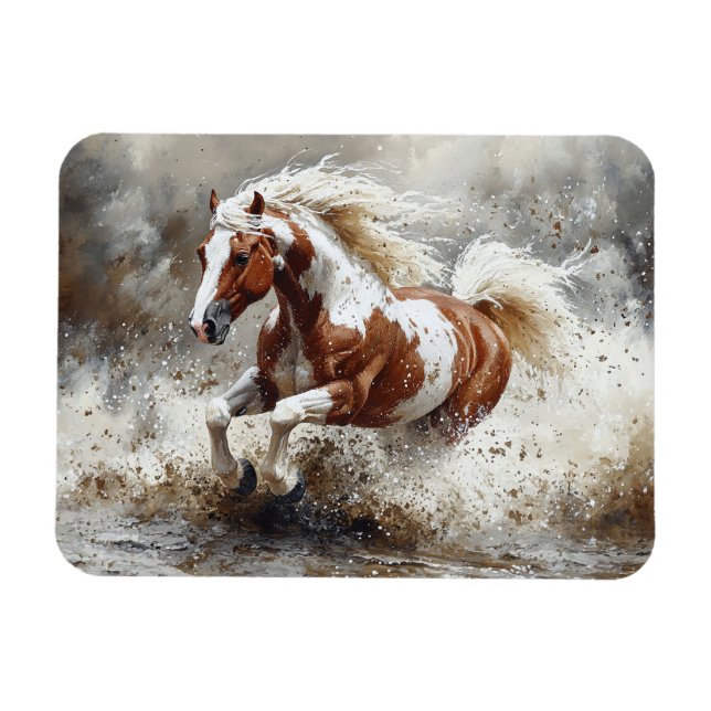Paint Horse Running Through Water Magnet (Horizontal)
