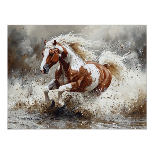 Paint Horse Running Through Water Poster (Front)
