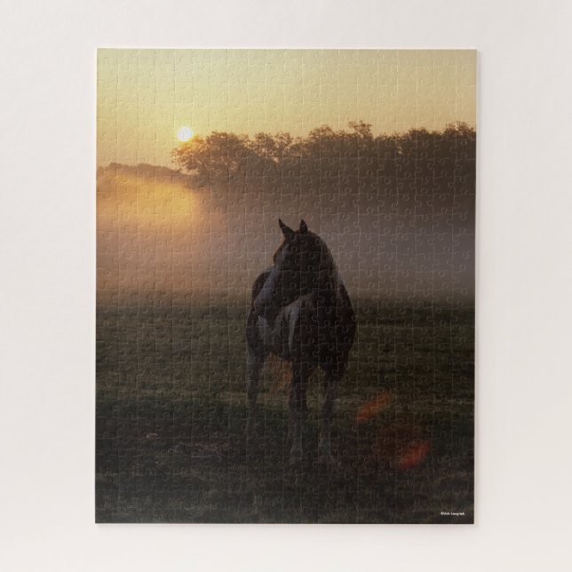 Paint Horse Standing In Mist At Sunrise Jigsaw Puzzle (Vertical)