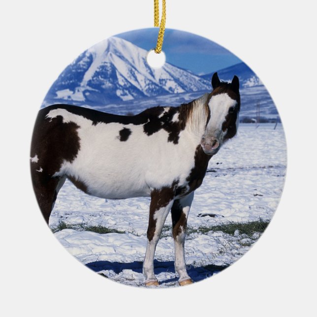Paint Horse Standing in the Snow Ceramic Tree Decoration (Front)