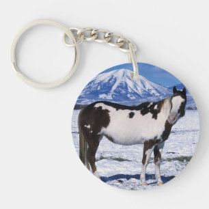 Paint Horse Standing in the Snow Key Ring