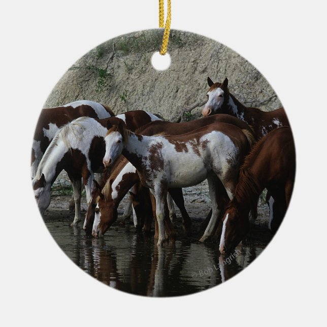 Paint Horses Drinking Ceramic Ornament (Front)