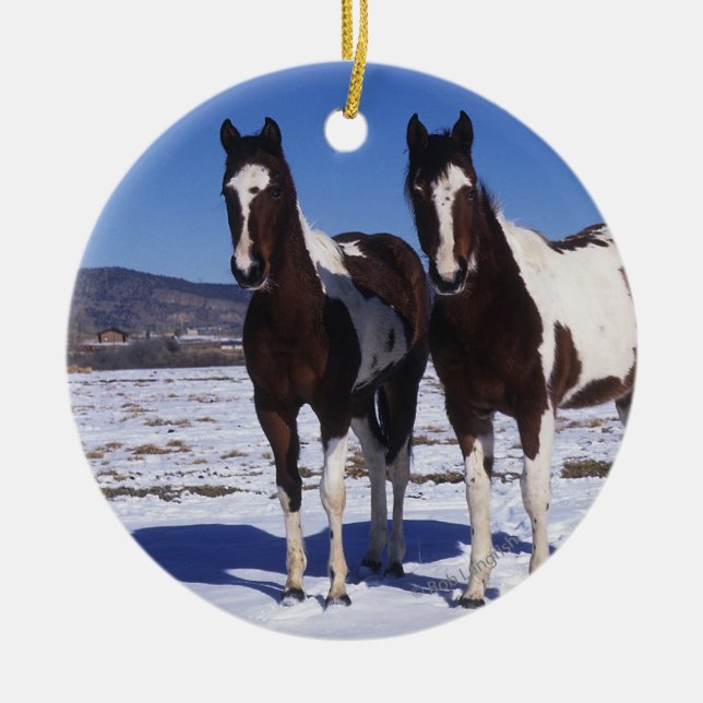 Paint Horses Standing in the Snow Ceramic Tree Decoration (Front)