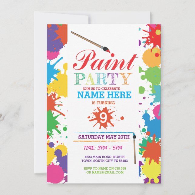 PAINT PARTY INVITE KIDS NEON FUN ART INK BIRTHDAY (Front)