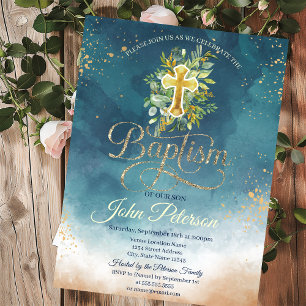 Paint Splash Floral Cross Baptism Invitation