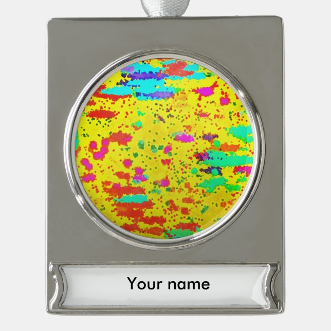 Paint splashes on a yellow background silver plated banner ornament (Front)