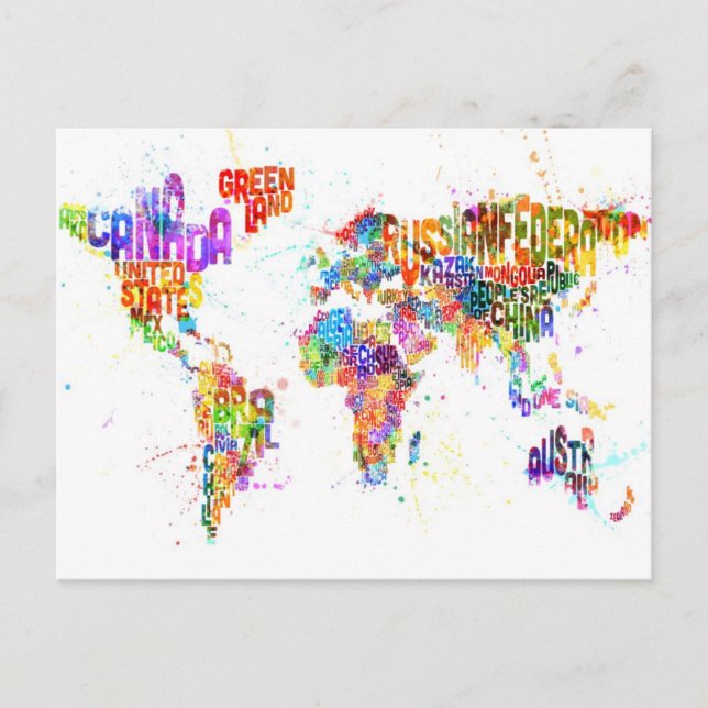 Paint Splashes Text Map of the World Postcard (Front)