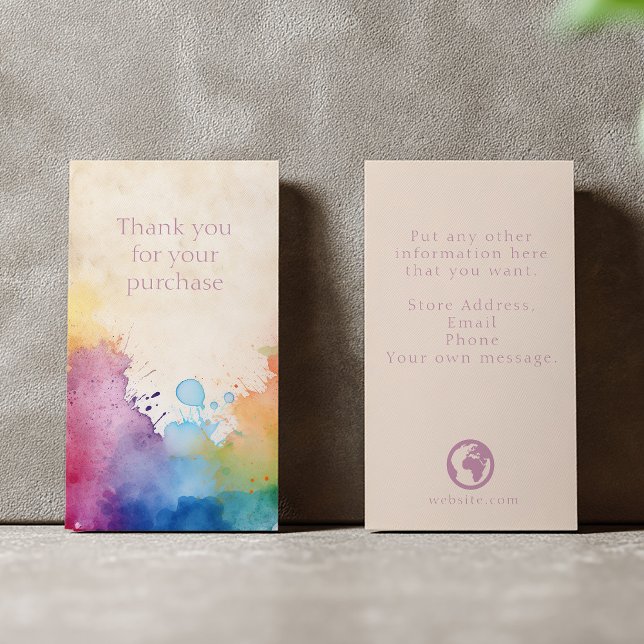 Paint splashes thank you for your purchase enclosure card (Paint splashes insert card saying "Thank you for your purchase' and details on the back.)