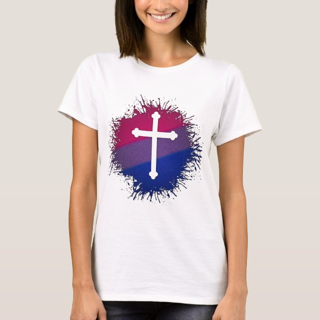 Paint Splatter Bisexual Pride Christian Cross T-Shirt (Front)