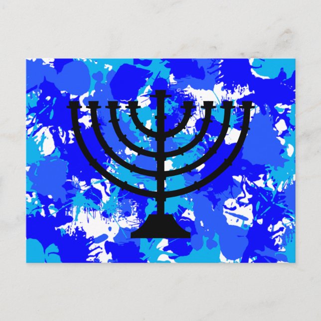 Paint Splatter Blue Menorah Postcard (Front)