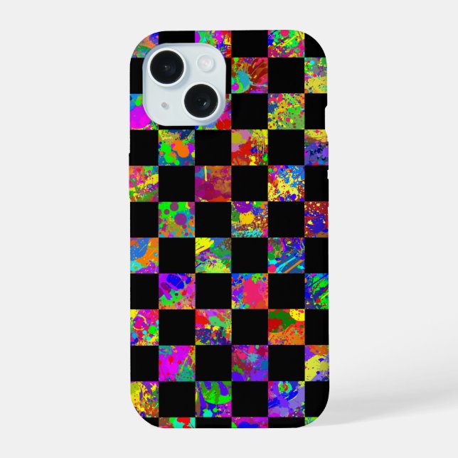 Paint Splatter Chequered Board Pattern  iPhone 15 Case (Back)