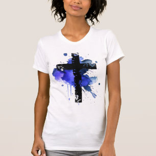 Paint Splatter Christian Cross - Blue T-Shirt