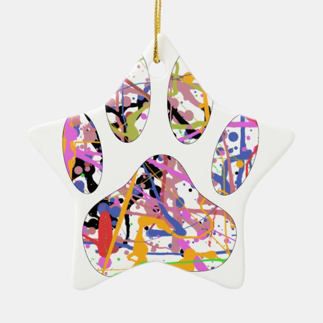 Paint Splatter Dog Paw Print Ceramic Ornament (Front)