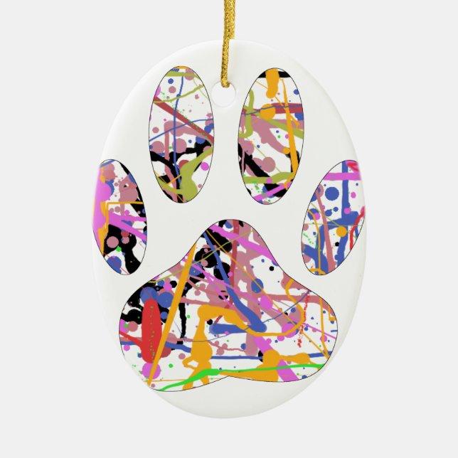 Paint Splatter Dog Paw Print Ceramic Ornament (Front)