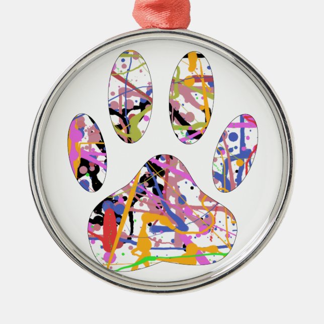 Paint Splatter Dog Paw Print Metal Ornament (Front)
