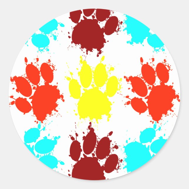 Paint Splatter Dog Paw Print Pattern Classic Round Sticker (Front)