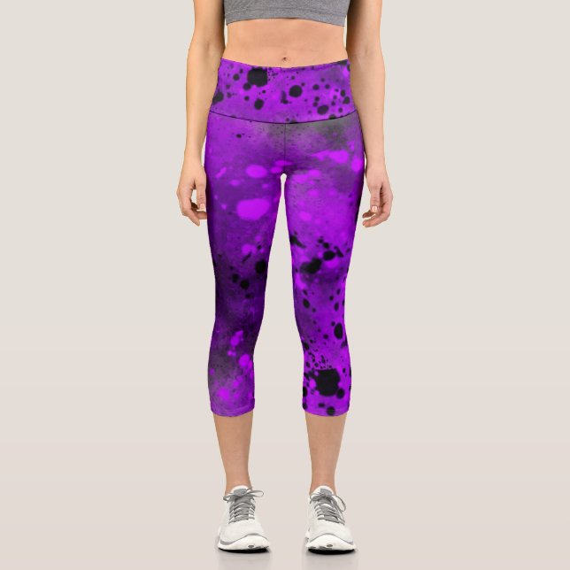 Paint Splatter effect Purple & Black  Capri Leggings (Front)