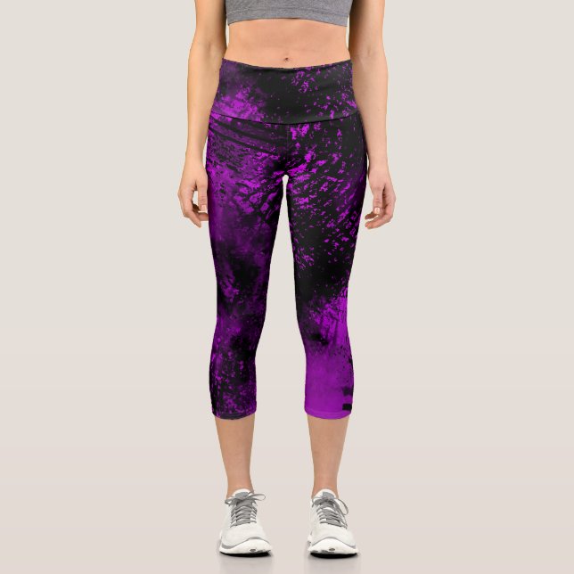 Paint Splatter effect Purple & Black Capri Leggings (Front)