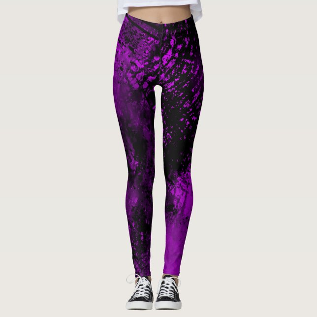 Paint Splatter effect Purple & Black  Leggings (Front)