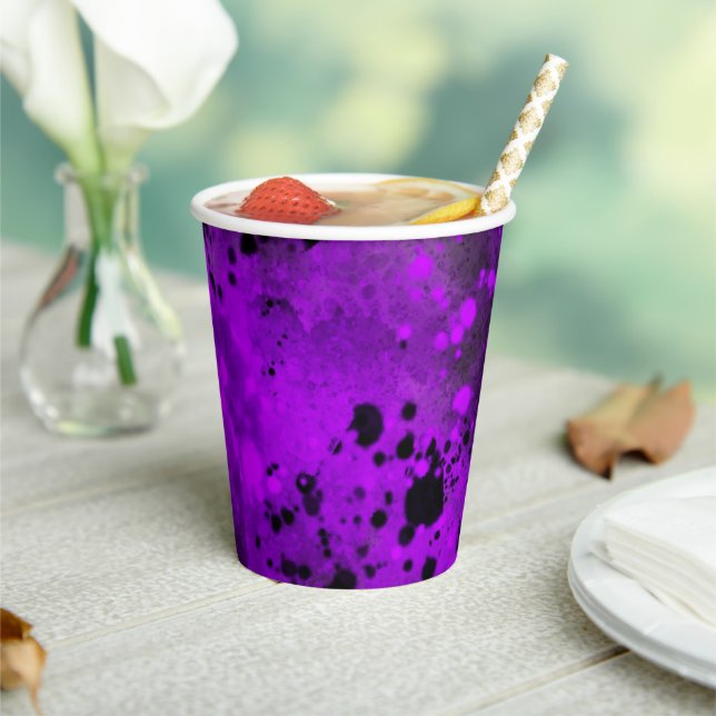 Paint Splatter Effect Purple & Black  Paper Cups (Insitu)