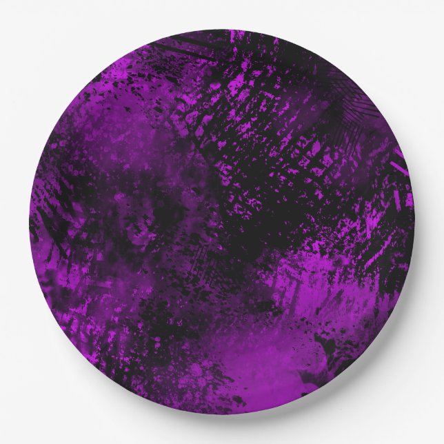 Paint Splatter effect Purple & Black  Paper Plate (Front)