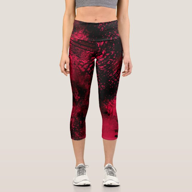 Paint Splatter effect Red & Black  Capri Leggings (Front)