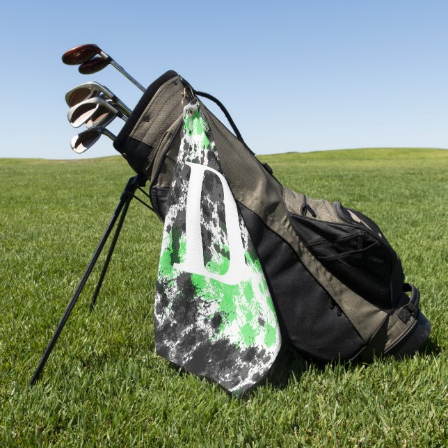 Paint Splatter Green Black Monogrammed Golf Towel (Green)