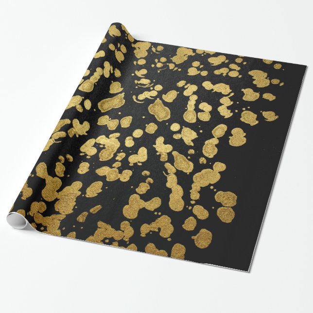 Paint Splatter in Faux Gold and Black Wrapping Paper (Unrolled)
