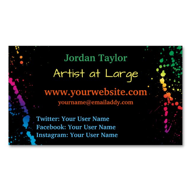 [Paint Splatter] Modern Abstract Artist Black Magnetic Business Card (Front)