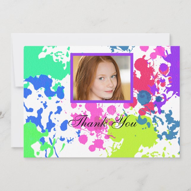 Paint Splatter Neon Photo Thank You Card (Front)