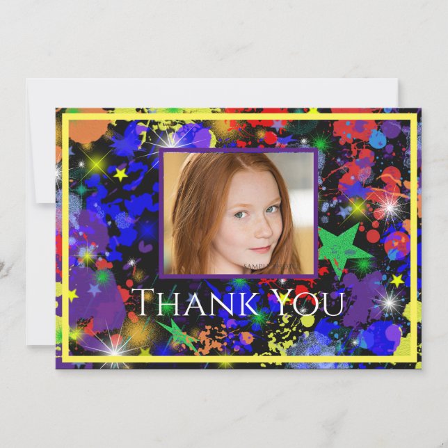 Paint Splatter Neon Photo Thank You Card (Front)