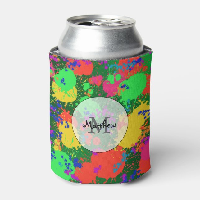 Paint Splatter on Shades of Green Can Cooler (Can Front)