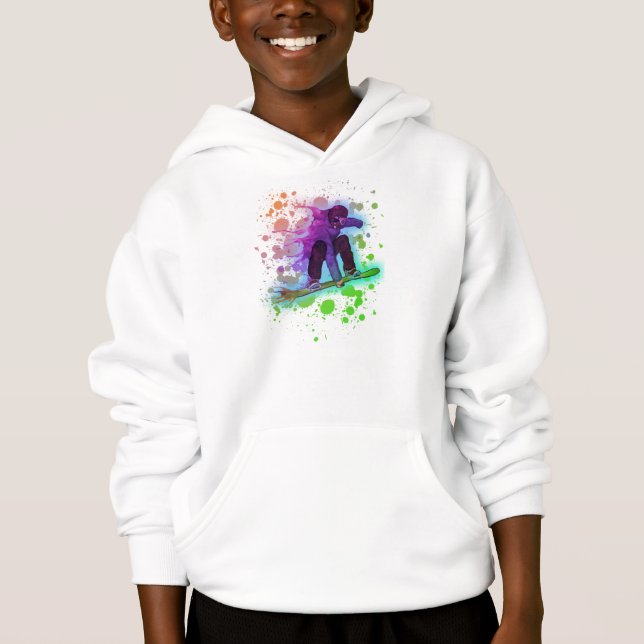 Paint splatter rainbow snowboarder kids hoodie (Front)