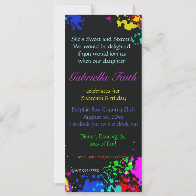 Paint Splatter Sweet Sixteen Custom Invitation (Front)