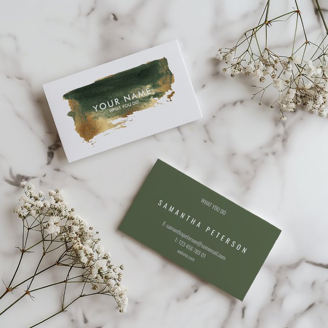 Paint splatter with gold business card (Olive green watercolor brush business card with modern white text.)