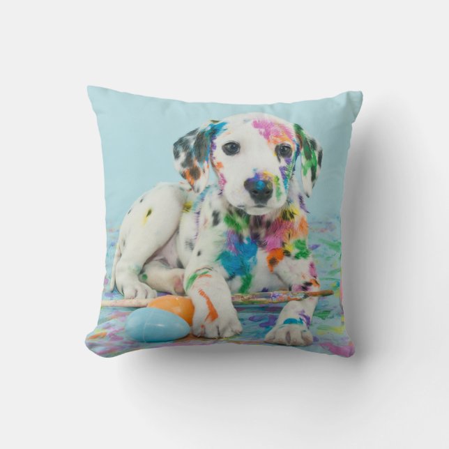PAINT SPLATTERED PUPPY THROW PILLOW. THROW PILLOW (Front)