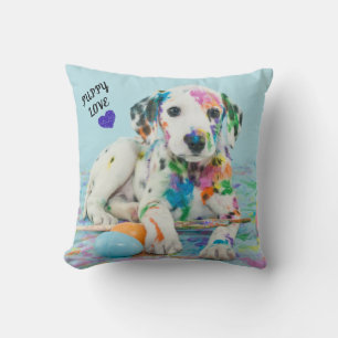 PAINT SPLATTERED PUPPY THROW PILLOW. THROW PILLOW