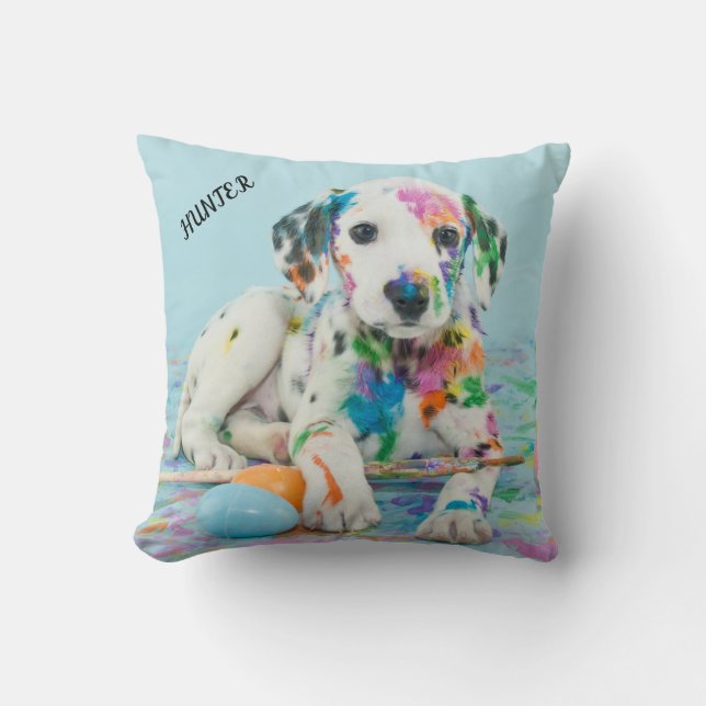 PAINT SPLATTERED PUPPY THROW PILLOW. THROW PILLOW (Front)