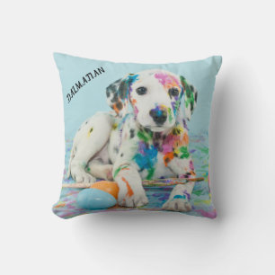 PAINT SPLATTERED PUPPY THROW PILLOW. THROW PILLOW