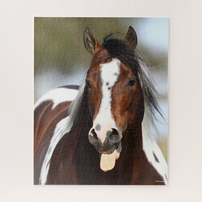 Paint Stallion with Tongue Out Headshot Jigsaw Puzzle (Vertical)