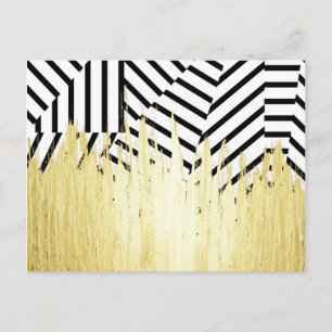Paint Strokes in Faux Gold on Black & White Stripe Postcard