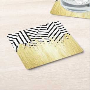 Paint Strokes in Faux Gold on Black & White Stripe Square Paper Coaster
